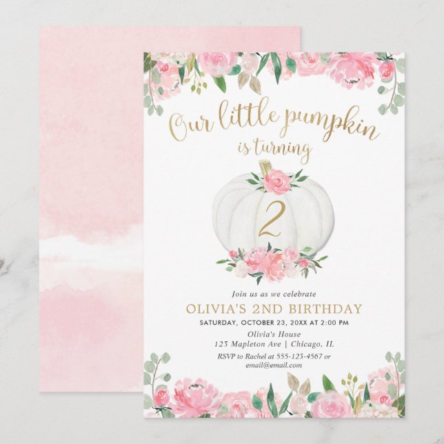 Pumpkin pink gold white floral any age birthday invitation (Front/Back)