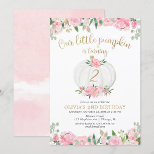 Pumpkin pink gold white floral any age birthday invitation