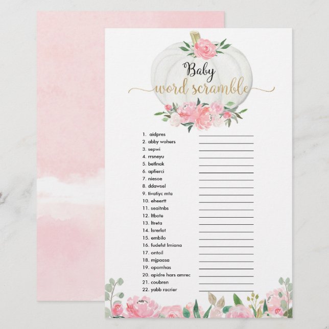 Pumpkin pink greenery Baby word scramble shower (Front/Back)
