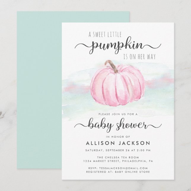 Pumpkin Pink Mint Watercolor Baby Girl Shower Invitation (Front/Back)