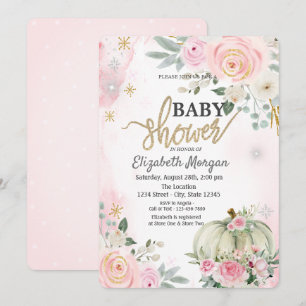 Pumpkin Pink Roses Polka Dots Baby Shower Invitation