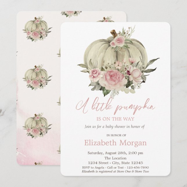Pumpkin,Pink Roses,Watercolor Baby Shower Invitation (Front/Back)