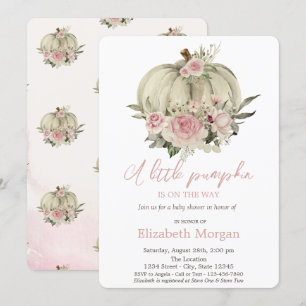 Pumpkin,Pink Roses,Watercolor Baby Shower Invitation