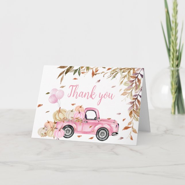 Pumpkin Pink Truck Baby Shower Thank You Card (Front)