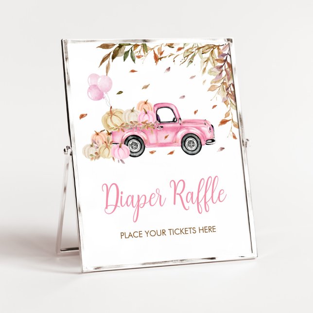 Pumpkin Pink Truck Diaper Raffle Baby Shower Poster (Little Pumpkin Pink Truck Baby Shower Diaper Raffle Sign)