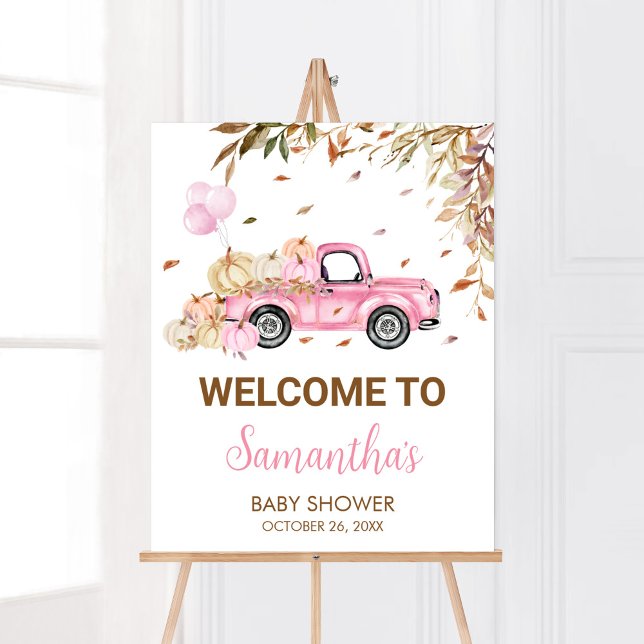 Pumpkin Pink Truck Welcome Baby Shower Poster (Little Pumpkin Pink Truck Baby Shower Welcome Sign)