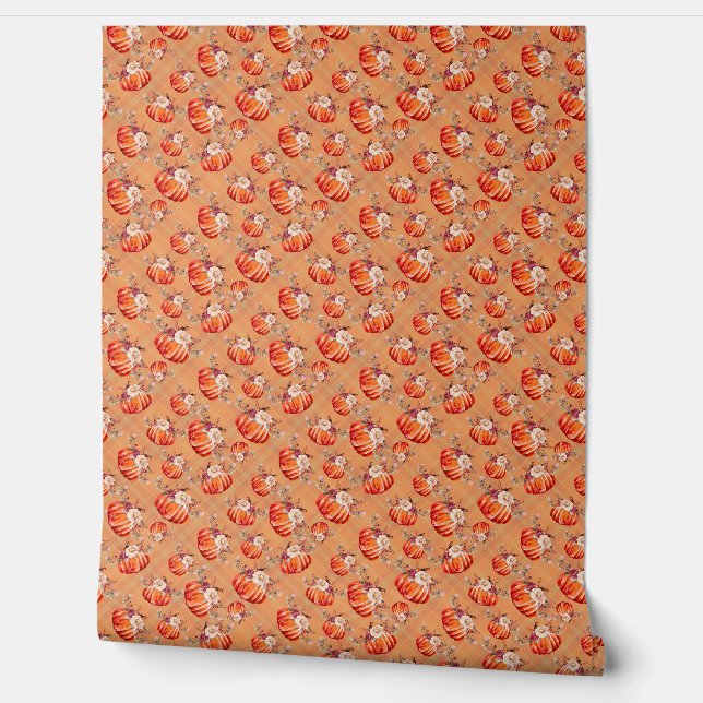 Pumpkin plaid floral orange cream fall pattern wallpaper (Unrolling)
