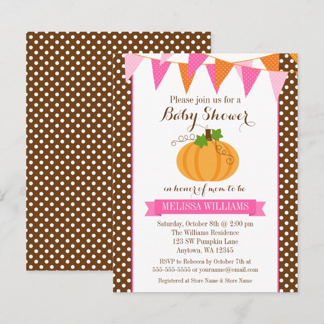 Pumpkin Polka Dot Bunting Girl Fall Baby Shower Invitation (Front/Back)