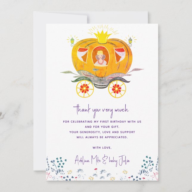 Pumpkin Princess Carriage Wildflowers Birthday Thank You Card (Front)