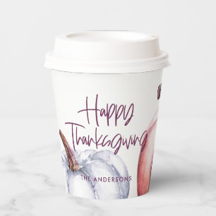 pumpkin purple floral fall thanksgiving party paper cups