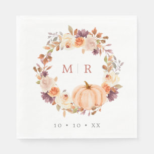 Pumpkin & Purple Floral Wreath Monogram Wedding Napkin