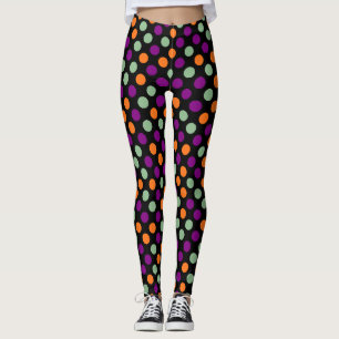 Pumpkin, Purple, Green and Black Colour Polka Dots Leggings