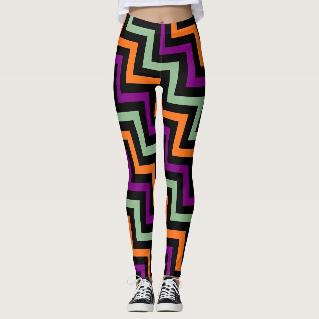 Pumpkin, Purple, Green and Black Diagonal Chevron Leggings (Front)