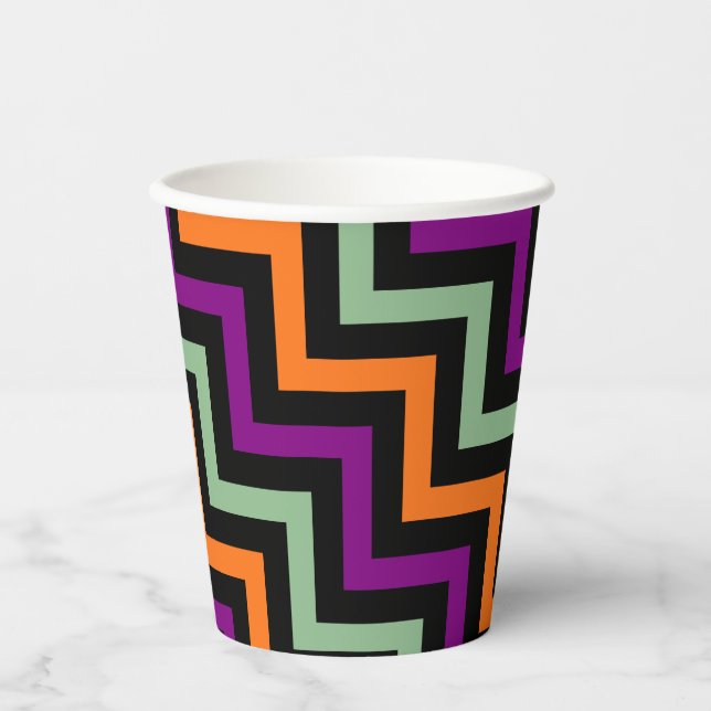 Pumpkin, Purple, Green and Black Diagonal Chevron Paper Cups (Front)