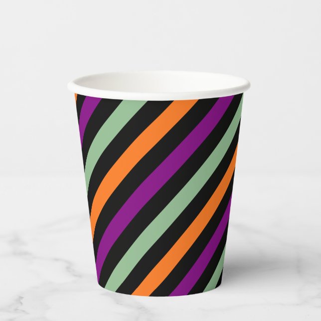 Pumpkin, Purple, Green and Black Diagonal Stripes Paper Cups (Front)
