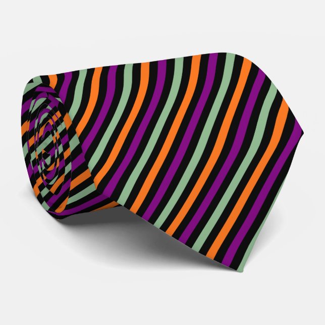 Pumpkin, Purple, Green and Black Diagonal Stripes Tie (Rolled)
