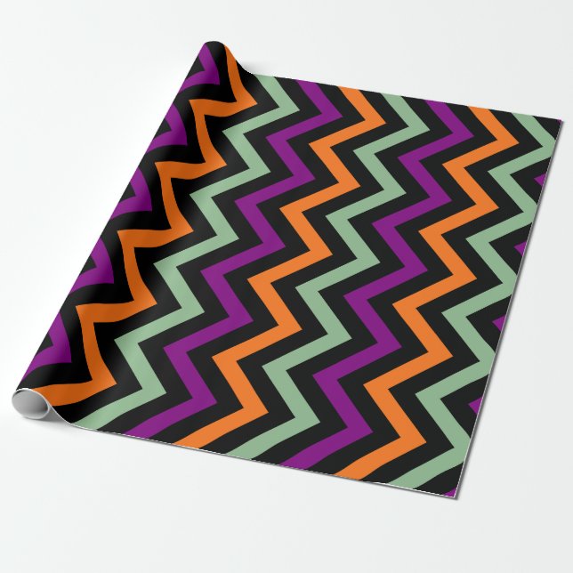 Pumpkin, Purple, Green and Black Horiz. Chevron Wrapping Paper (Unrolled)