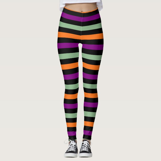 Pumpkin, Purple, Green and Black Horiz. Stripes Leggings (Front)