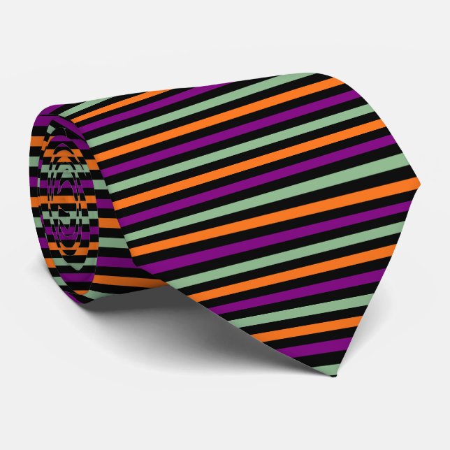 Pumpkin, Purple, Green and Black Horiz. Stripes Tie (Rolled)