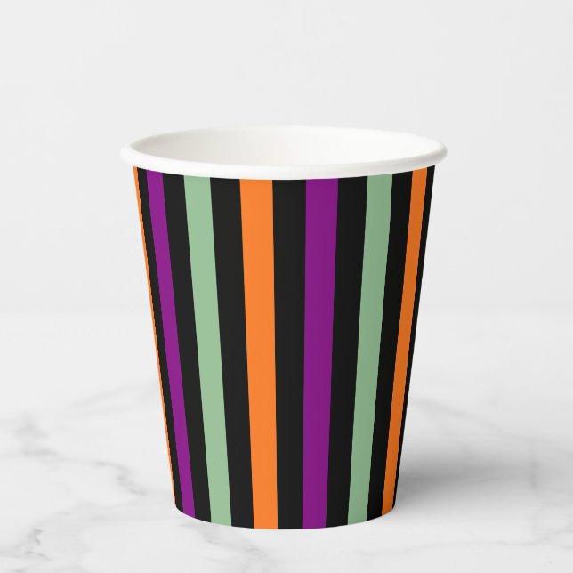Pumpkin, Purple, Green and Black Vertical Stripes Paper Cups (Front)