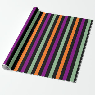 Pumpkin, Purple, Green and Black Vertical Stripes Wrapping Paper