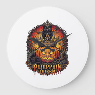 Pumpkin Queen Halloween Owl Spider Black Cat_1 Large Clock