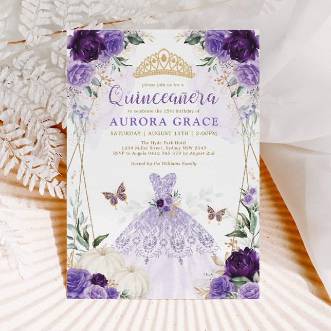 Pumpkin Quinceañera Princess Dress Purple Floral Invitation (Creator Uploaded)
