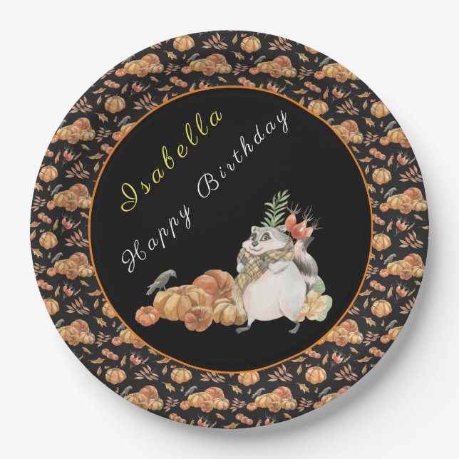 Pumpkin Racoon Customise Text and Colour Paper Plate (Front)