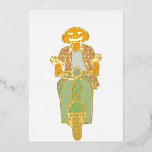 Pumpkin Rider on Mint Scooter Foil Holiday Card