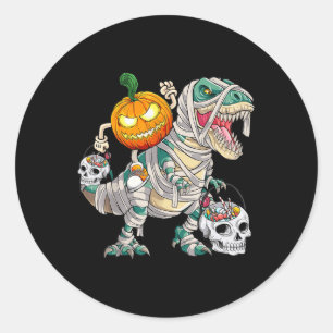 Pumpkin Riding Mummy Dinosaur T rex Halloween Funn Classic Round Sticker