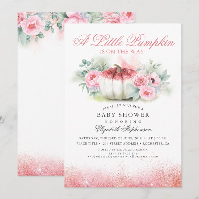 Pumpkin Rose Gold Glittered Fall Baby Shower Invitation (Front/Back)