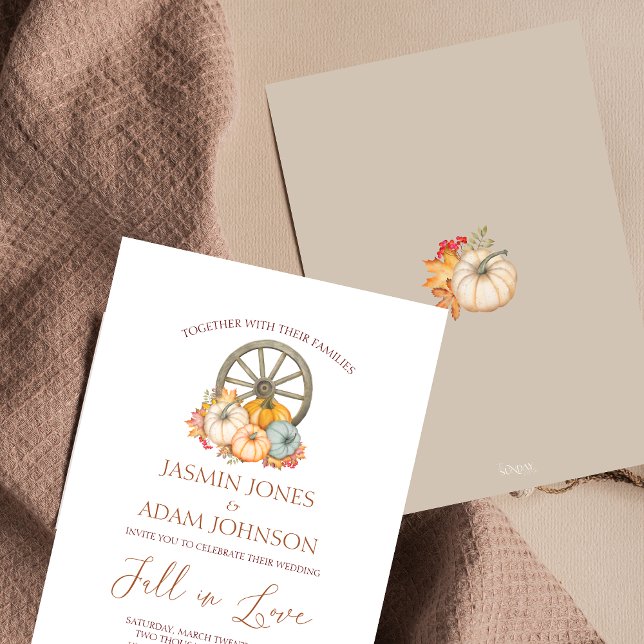 Pumpkin Rustic Autumn Harvest Wheel Wedding Invitation (Fall in Love Autumn Fall Harvest Pumpkins Wedding Invitation)