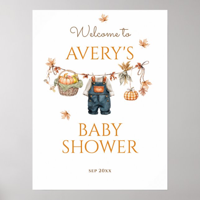 Pumpkin Rustic Baby Clothestline Fall Baby Shower Poster (Front)