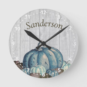 Pumpkin Rustic Cute Grey Wood   Round Clock