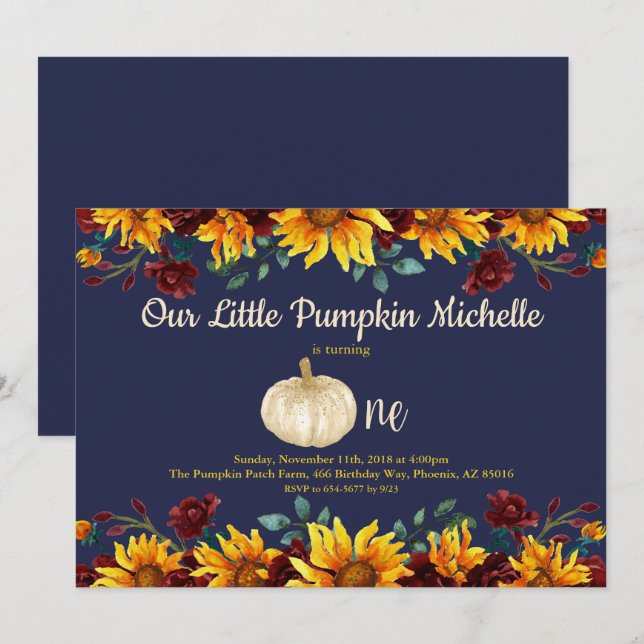 Pumpkin Rustic First Sunflower Blue Gold Birthday Invitation (Front/Back)