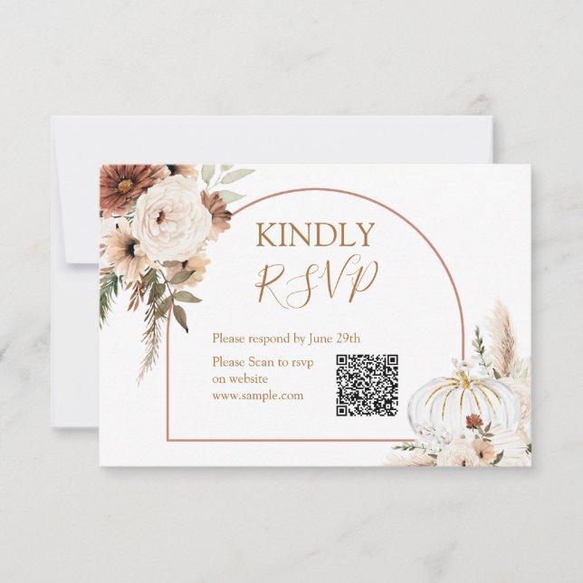 Pumpkin Rustic Floral Boho Arch Fall In love Rsvp Thank You Card (Front)