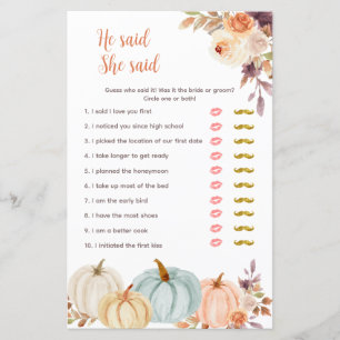 Pumpkin Rustic Floral He said She said Game Card