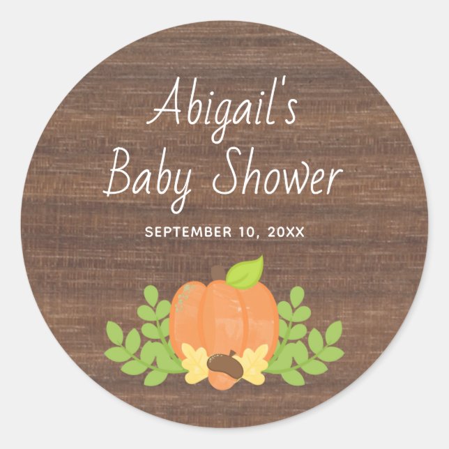 Pumpkin | Rustic Gender Neutral Baby Shower Classic Round Sticker (Front)