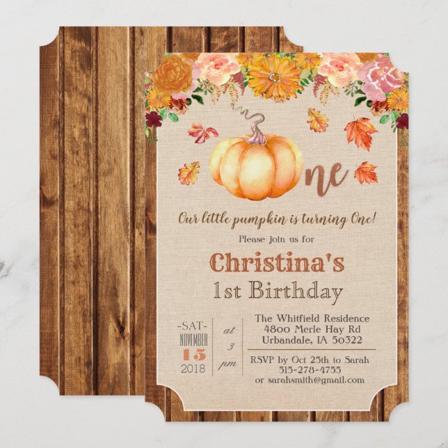 Pumpkin Rustic Leaves Wood 1st Birthday Invitation (Front/Back)