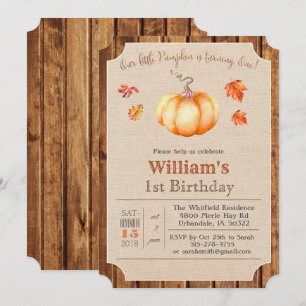 Pumpkin Rustic Leaves Wood 1st Birthday Invitation