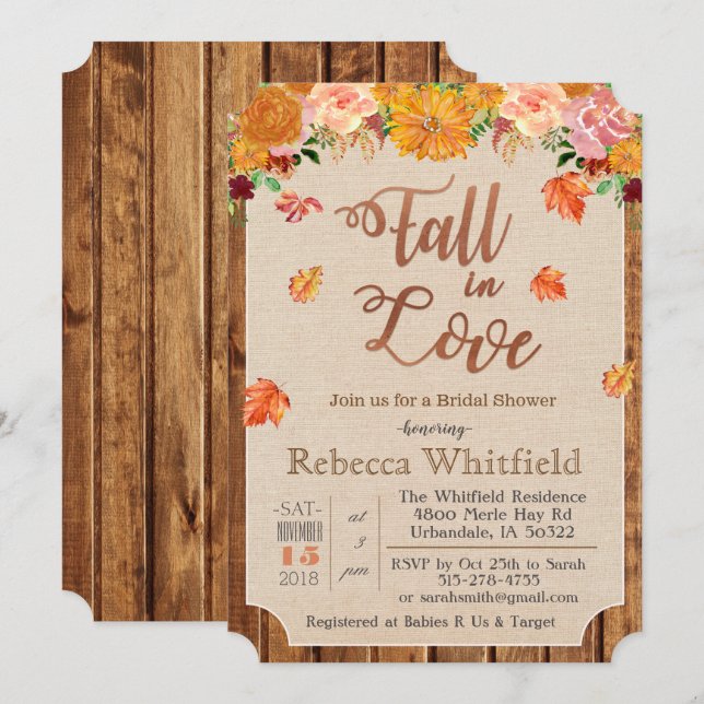 Pumpkin Rustic Leaves Wood Baby Shower Invitation (Front/Back)
