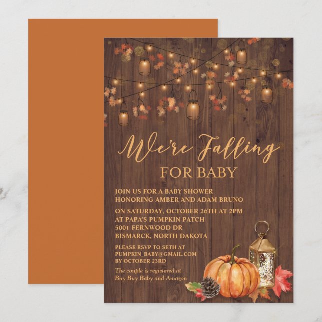 Pumpkin Rustic Leaves Wood Baby Shower Invitation (Front/Back)
