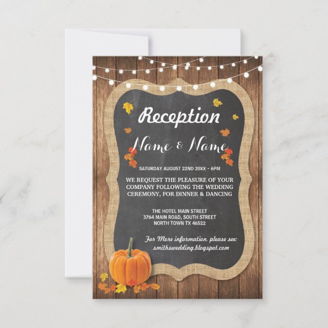 Pumpkin Rustic Wedding Reception Cards Fall Chalk (Front)