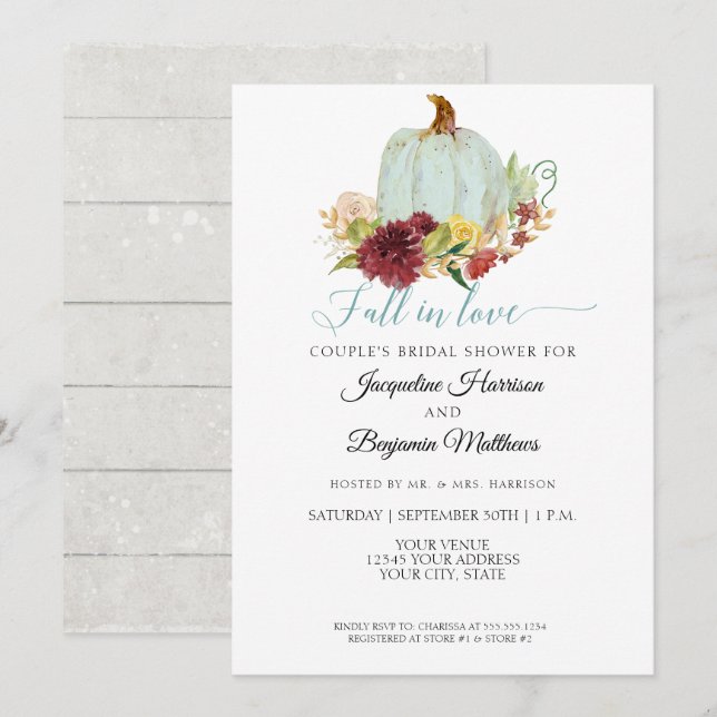 Pumpkin Rustic Wood Watercolor Burgundy Floral Invitation (Front/Back)