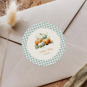 Pumpkin Sage Green Gingham Fall Baby Shower Classic Round Sticker