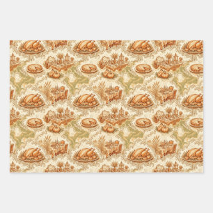 Pumpkin Sage Toile Thanksgiving Wrapping Paper