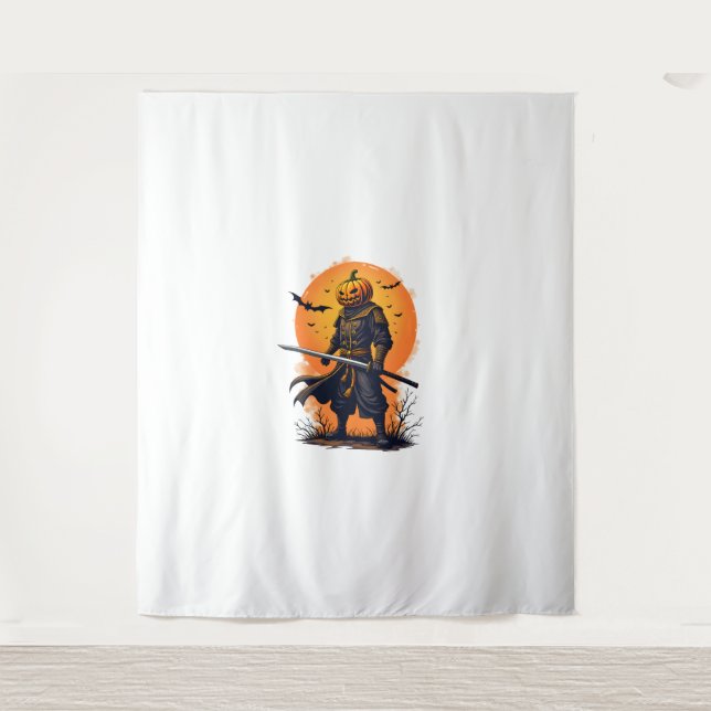 Pumpkin Samurai – Halloween Warrior T-Shirt Tapestry (Front)