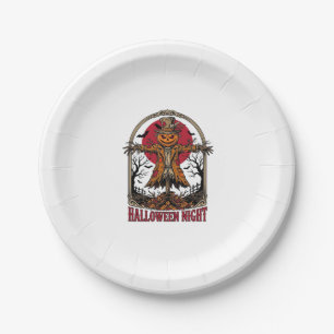 Pumpkin Scarecrow Halloween Vintage Engraving Art Paper Plate