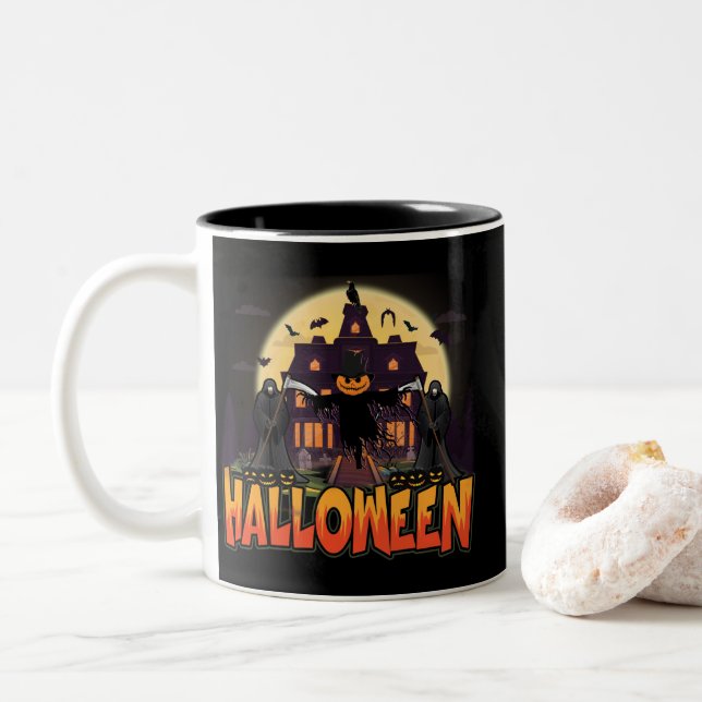 Pumpkin Scary House, Halloween Two-Tone Coffee Mug (With Donut)