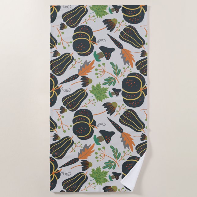 Pumpkin seamless pattern carrot black and white beach towel (Front)